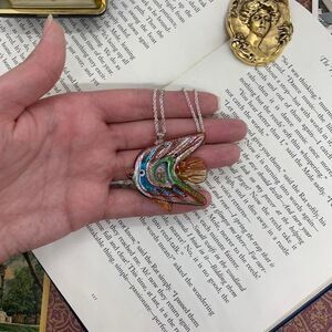 Vintage Silver Tone Unique Statement Glass Fish Necklace Pendant